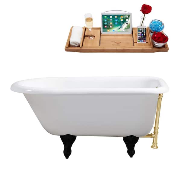 Streamline 48 in. x 30 in. Cast Iron Clawfoot Soaking Bathtub in Glossy White with Matte Black Clawfeet and Polished Gold Drain
