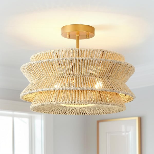 TRUE FINE Silvia 16 in. 2-Light Woven Rope Semi-Flush Mount Ceiling Light