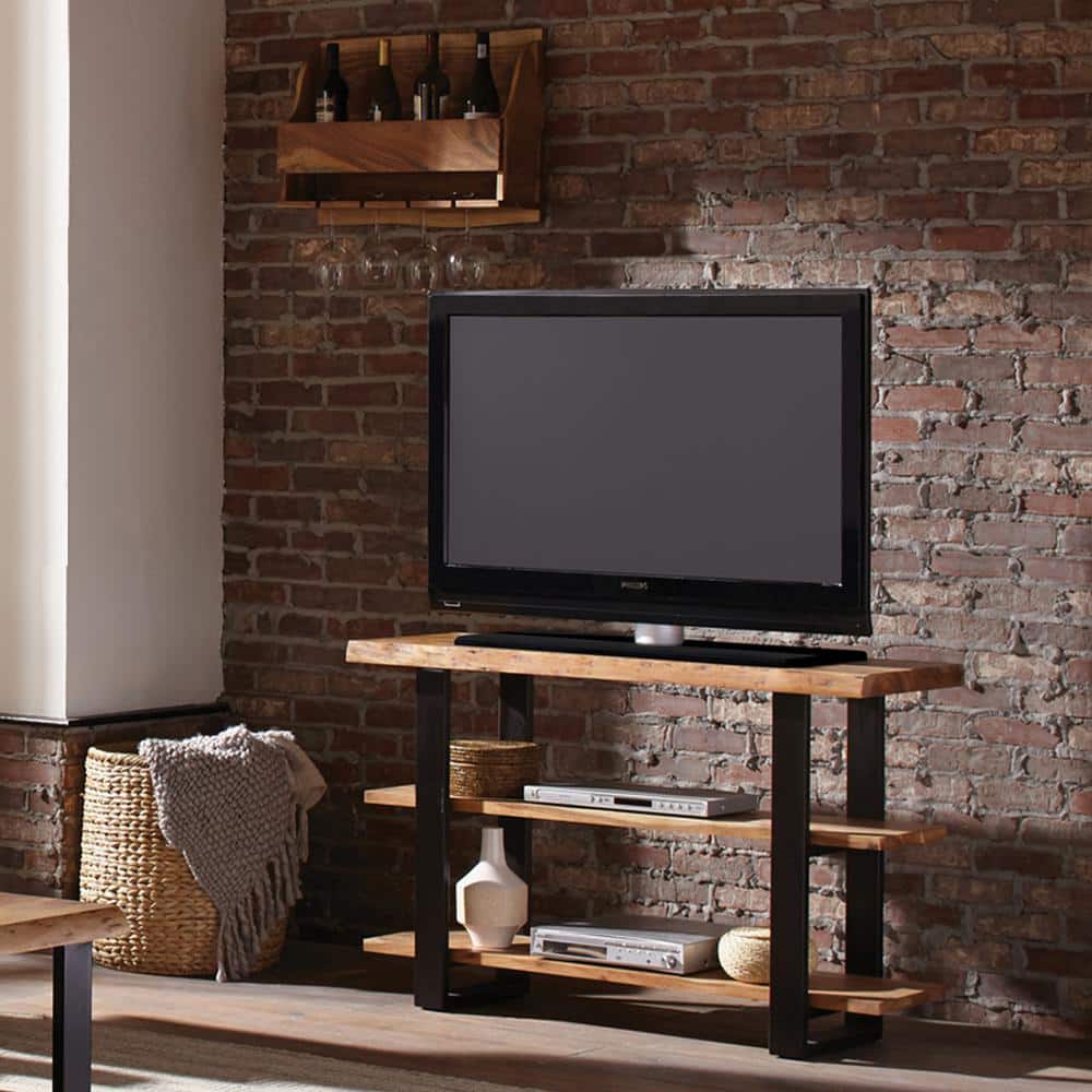 Alpine Natural Acacia Wood Media Console with Metal Legs