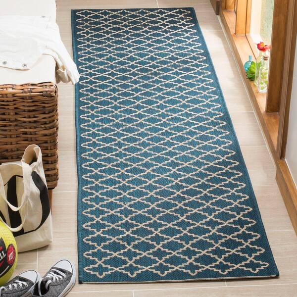 Courtyard Navy/Beige 2 ft. x 12 ft. Geometric Indoor/Outdoor Patio  Runner Rug