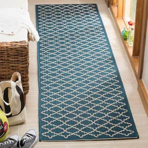 Courtyard Navy/Beige 2 ft. x 20 ft. Geometric Indoor/Outdoor Patio  Runner Rug