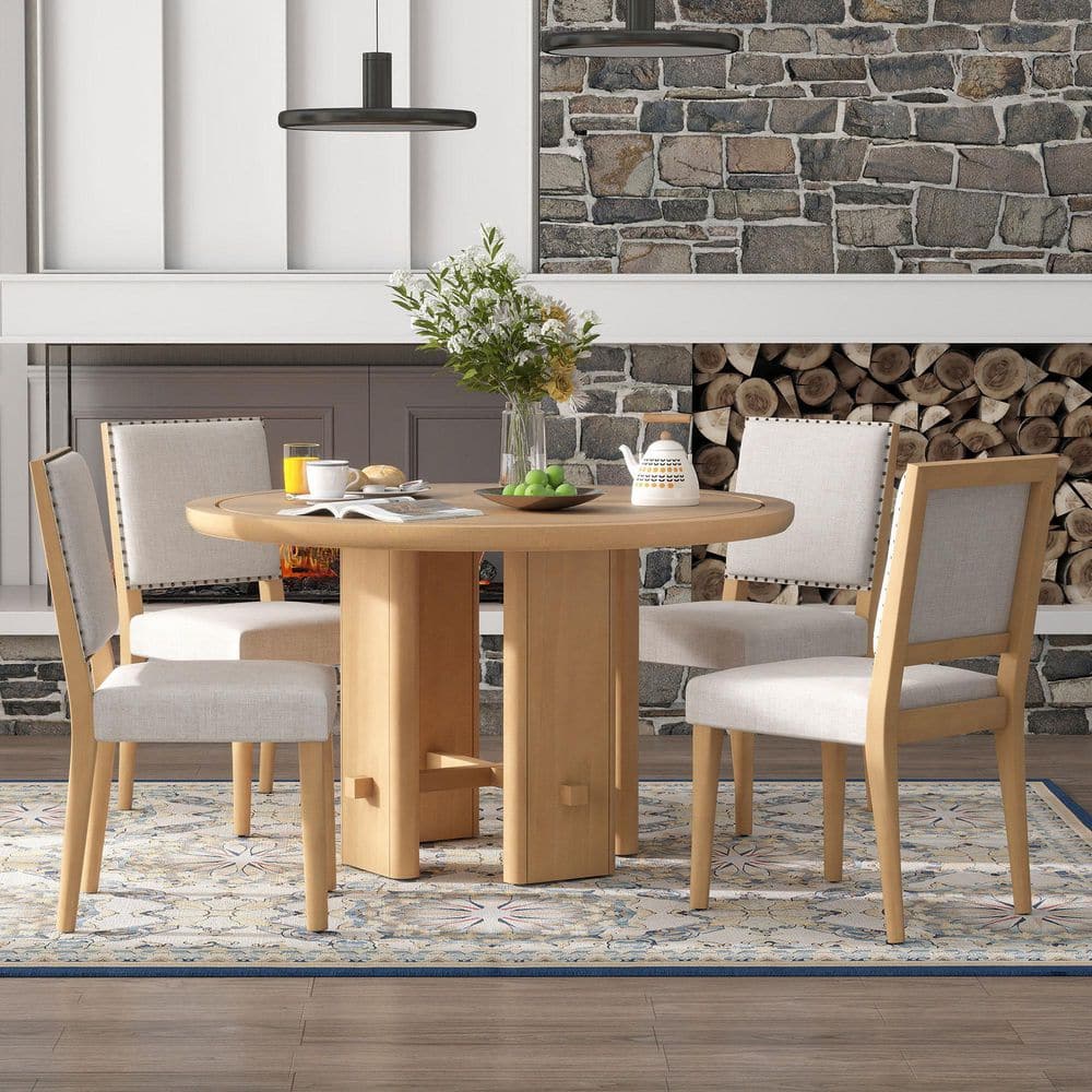 Minimalist Farmhouse 5-Piece Round Dining Set for 4, Beige Wood Table