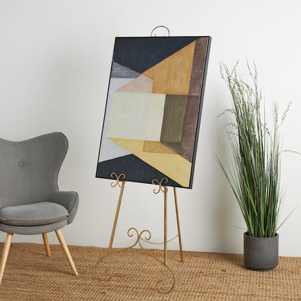 67 in. Gold Metal Large Free Standing Adjustable Display Stand 3 Tier Scroll Easel with Chain Support