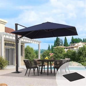 10 ft. Square Aluminum Large Outdoor Cantilever 360° Rotation Patio Umbrella with Base Plate, Navy Blue