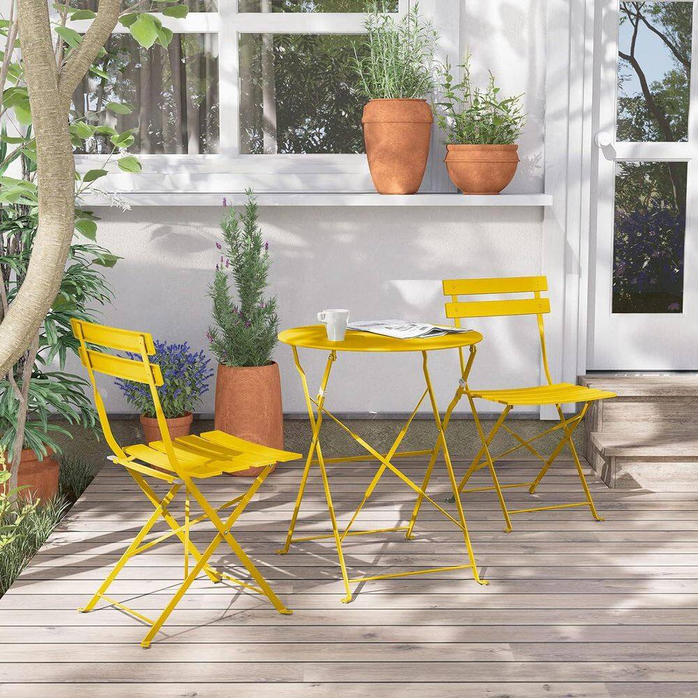 3-Piece Steel Frame Round Table Patio Outdoor Bistro Dining Set, Foldable Patio Table and Chairs Furniture, Yellow price history on PriceWatchPro