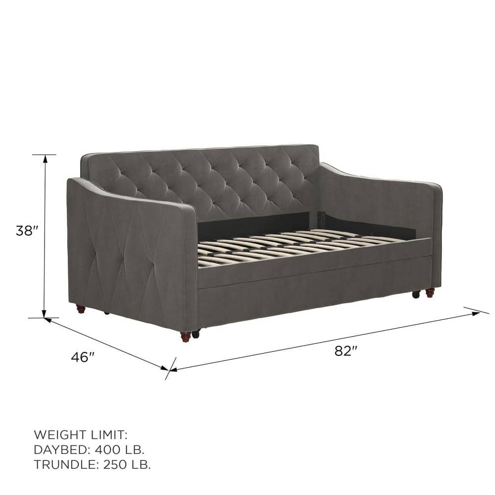 Twin Gray Velvet Upholstered Daybed with Tufted Backrest