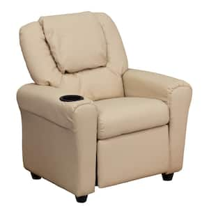 Contemporary Beige Vinyl Kids Recliner with Cup Holder and Headrest