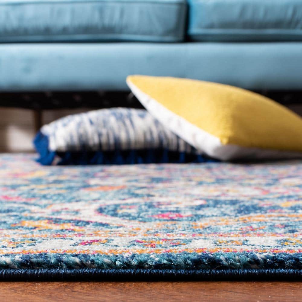 Navy and Fuchsia Floral High Pile Synthetic Runner Rug
