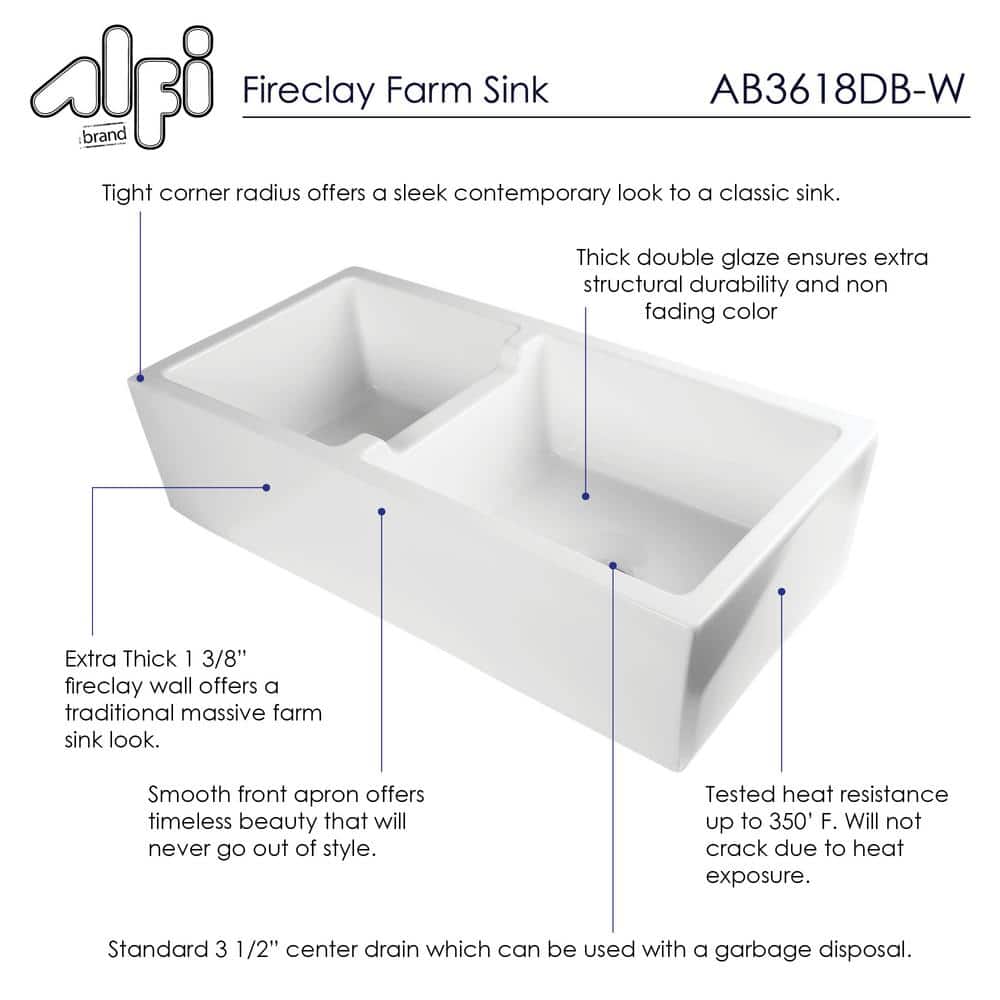 36'' White Fireclay Double Bowl Farmhouse Kitchen Sink