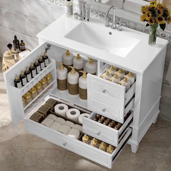 36 in. Freestanding White Bath Vanity with White Ceramic Top, and 3-Drawers