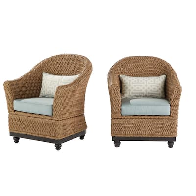Camden Light Brown Wicker Outdoor Porch Chat Lounge Chair with Fretwork Mist Cushions (2-Pack)