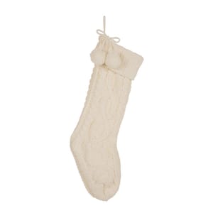 24 in.H Knitted Polyester Christmas Stocking with Pom Ball-White
