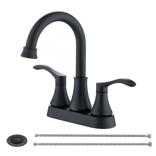 Lukvuzo 4 in. Centerset Double Handle Mid Arc Bathroom Faucet with Drain Kit Included in Matte Black