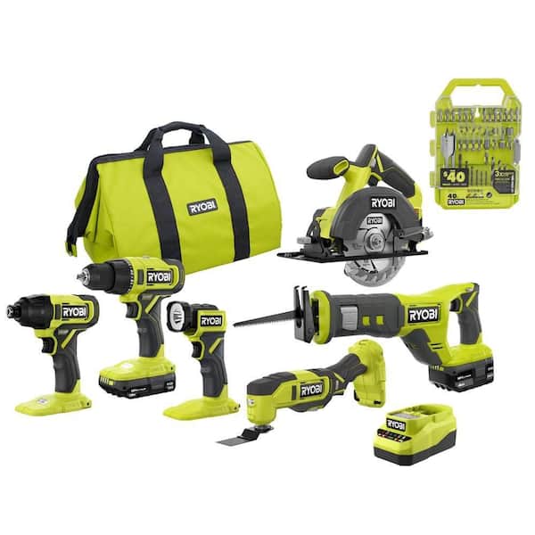 ONE+ 18V Cordless 6-Tool Combo Kit with 1.5 Ah Battery, 4.0 Ah Battery, Charger, and Drill & Impact Drive Kit (40-Piece)