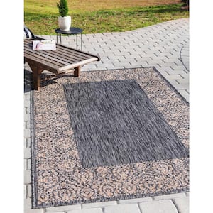 Outdoor Floral Border Charcoal Gray 9 ft. x 12 ft. Area Rug