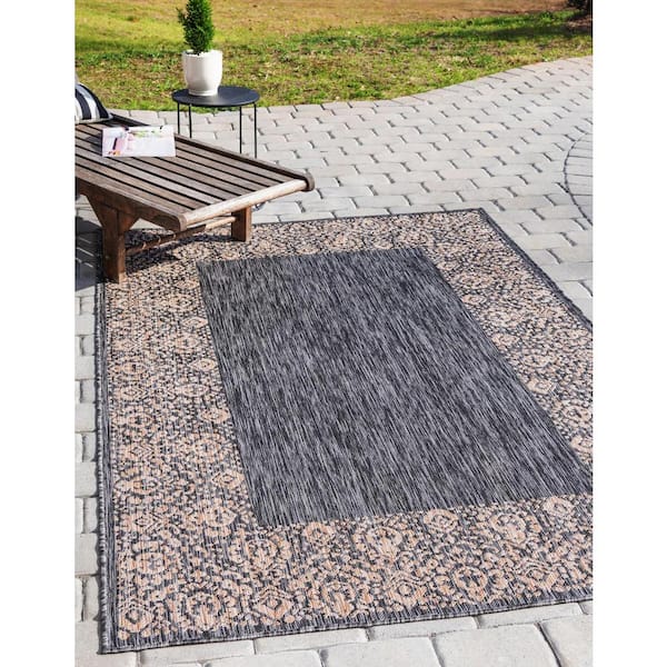 Outdoor Floral Border Charcoal Gray 7 ft. x 10 ft. Area Rug