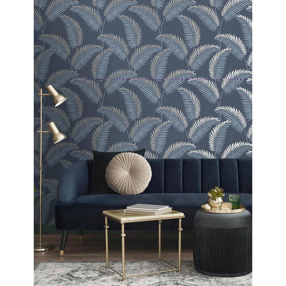 Navy and Silver Tropical Leaf Non-Pasted Washable Wallpaper
