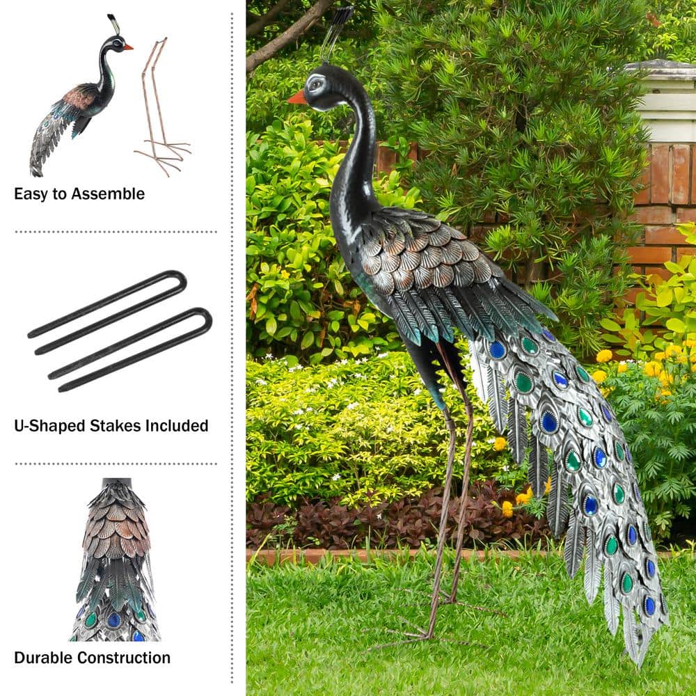 Blue and Multicolor Metal Peacock Garden Statue