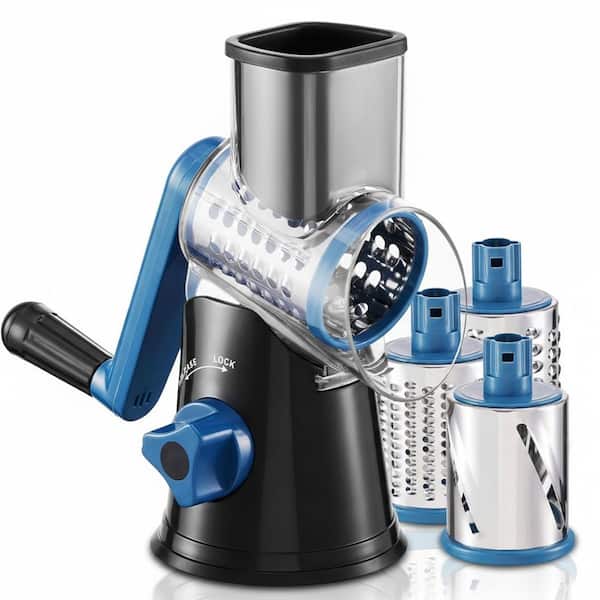 Black Rotary Cheese Grater Mandoline Vegetable Slicer with 3 Stainless Steel Blades Easy Clean for Kitchen