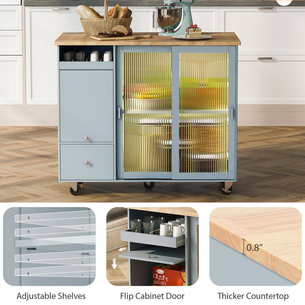 Gray Wood 44.1 in. Kitchen Island with Drop Leaf LED Light Cart on Wheels with Adjustable Shelf