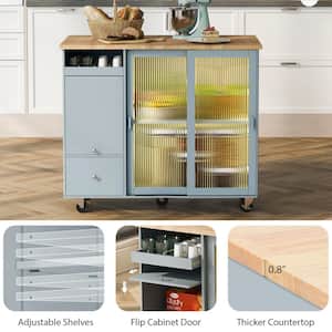 Gray Wood 44.1 in. Kitchen Island with Drop Leaf LED Light Cart on Wheels with Adjustable Shelf 2-Drawers 1-Flip Door