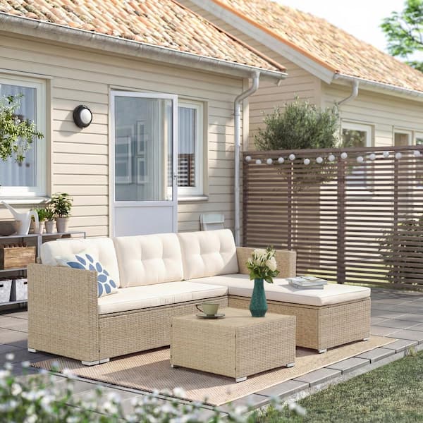White 2-Piece Wicker Outdoor Sectional Set with Beige Cushions