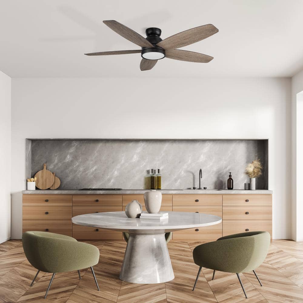 52-Inch Matte Black and Wood Smart Ceiling Fan with LED Light
