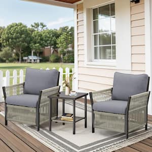 Nyajiah 3-Piece Wicker Outdoor Patio Conversation Set with Gray Cushions