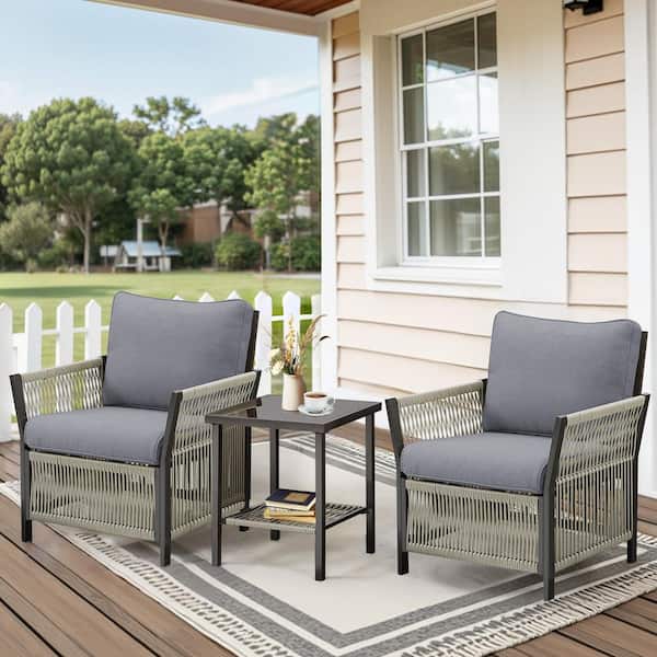 Buenaola Nyajiah 3-Piece Wicker Outdoor Patio Conversation Set with Gray Cushions