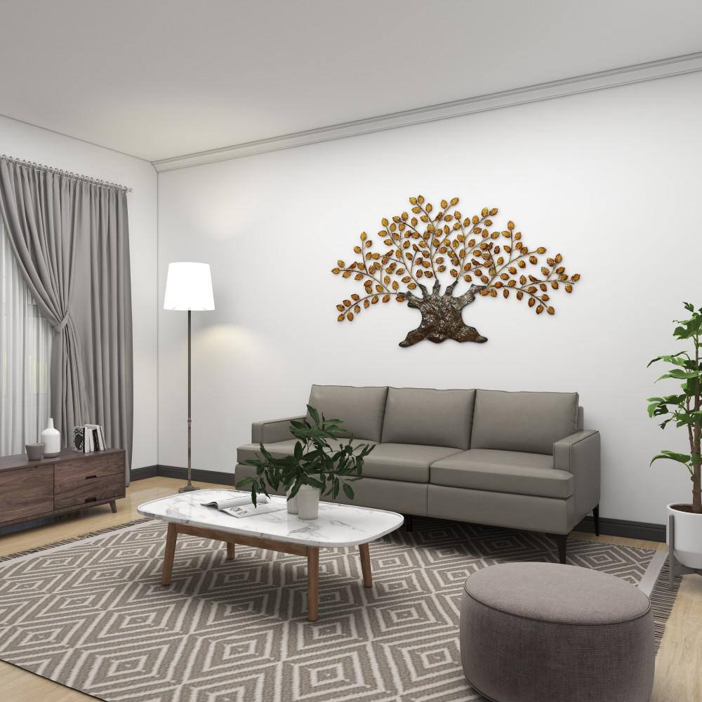 Large Brown and Gold Metal Tree Wall Sculpture with Leaves