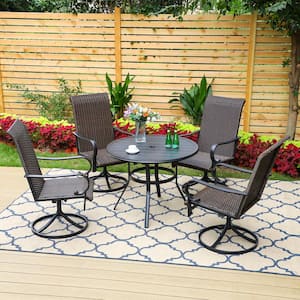 Black 5-Piece Metal Patio Outdoor Dining Set with Slat Round Table and Brown Rattan High Back Swivel Chairs