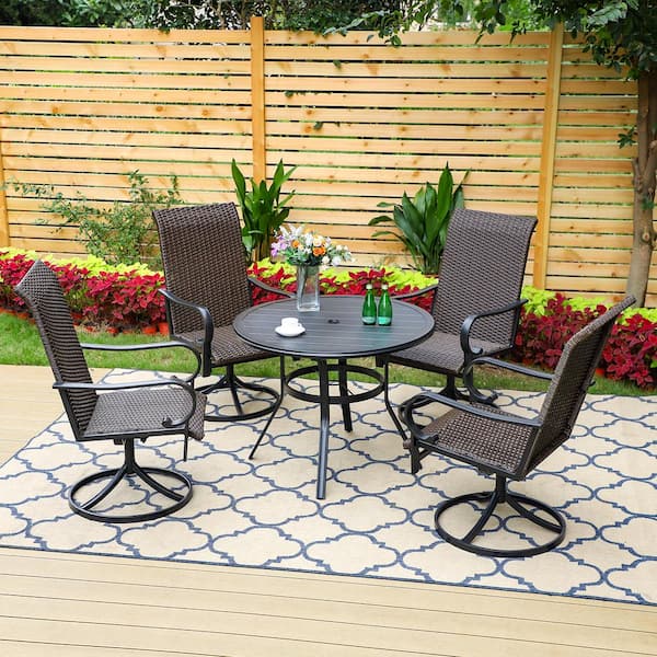 PHI VILLA Black 5-Piece Metal Patio Outdoor Dining Set with Slat Round Table and Brown Rattan High Back Swivel Chairs