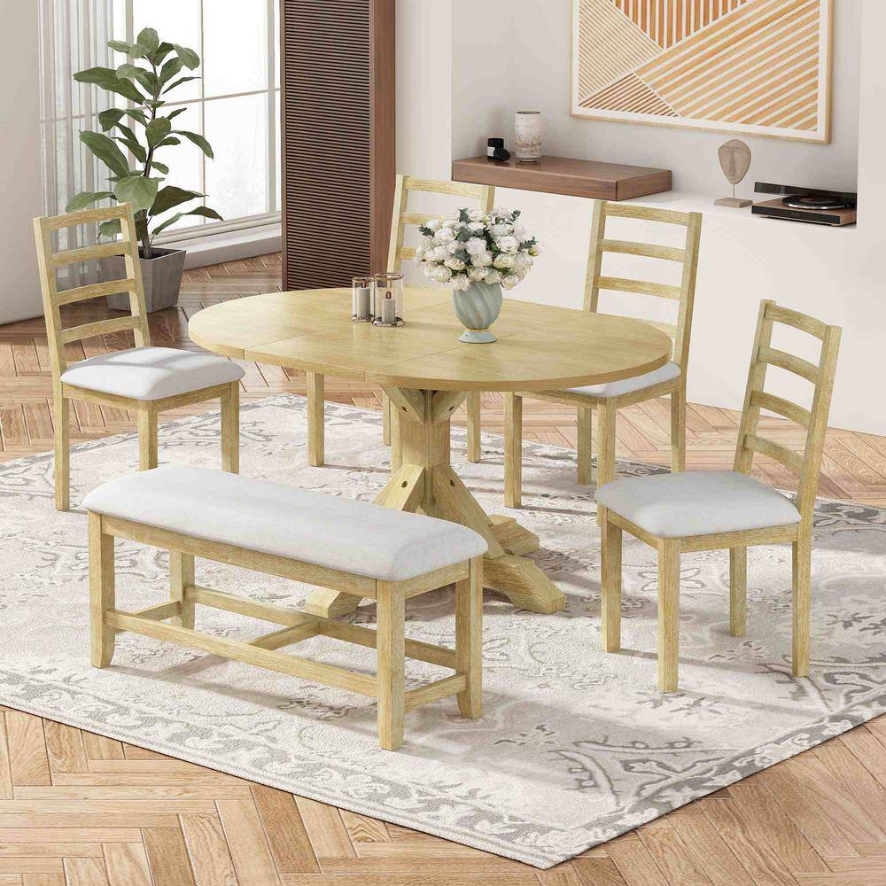 6-Piece Farmhouse Natural Extendable Wood Top Dining Room Set Seats 5