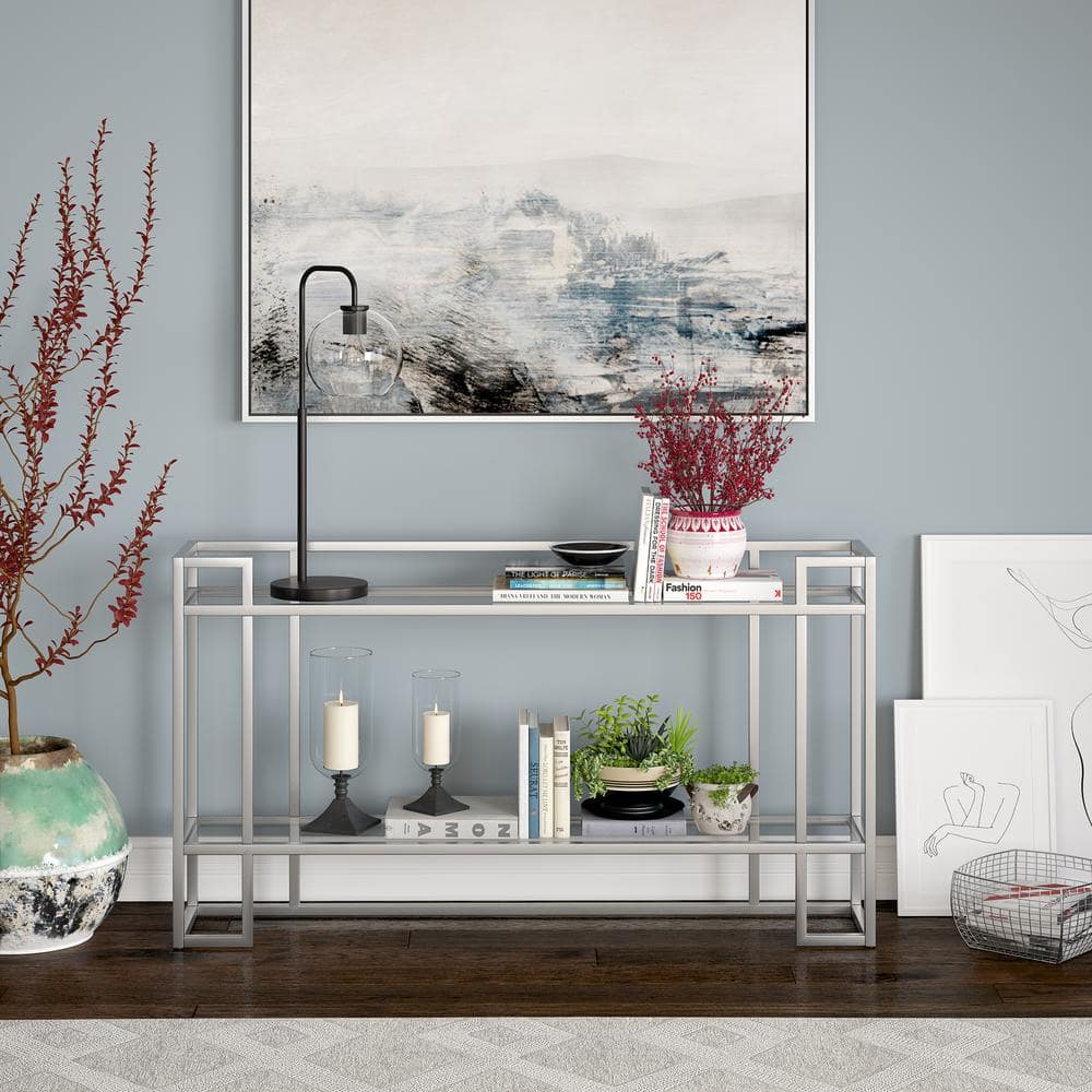 Uriel Art Deco-Inspired 52'' Silver Metal & Glass Console Table with Storage