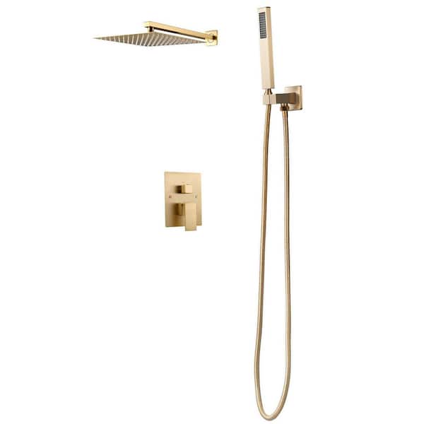 12 in. Shower Faucet Set, Square Rainfall Shower Head and Handheld Spray, Brushed Gold Wall-Mount with Brass Valve