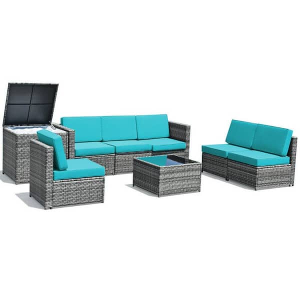 Clihome 8-Piece Wicker Patio Conversation Set Sofa Rattan Dinning Furniture Set with Turquoise Cushions and Storage Table