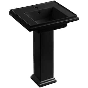 Tresham Ceramic Pedestal Combo Bathroom Sink with Single-Hole Faucet Drilling in Black Black with Overflow Drain
