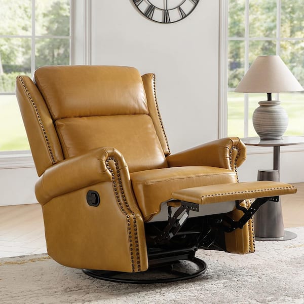 JAYDEN CREATION Lavinia Camel Genuine Leather Manual Swivel Glider Recliner with Nailheads