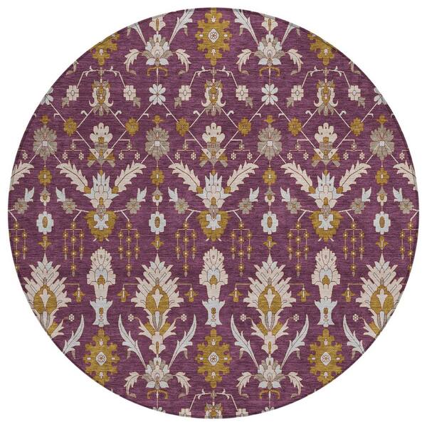 Chantille Machine Washable Indoor/Outdoor Abstract ACN2857 Eggplant 8 ft. x 8 ft. Round Rug