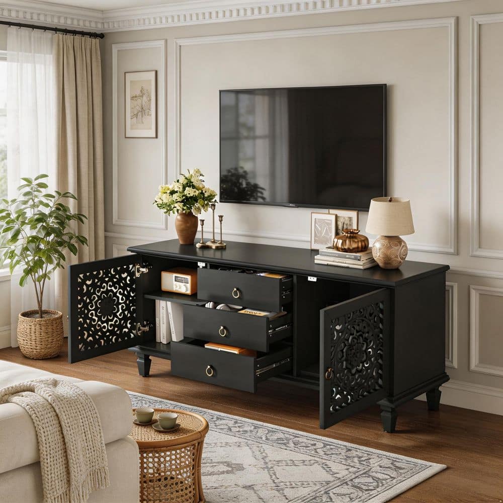 55.51 Rectangle Black Wood TV Console Fits TVs up to 60 in. with Hollow Carved Doors