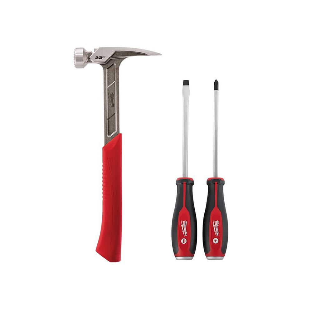 Milwaukee 22 oz. Milled Face Framing Hammer with Demo Screwdriver Drivers  with Steel Caps (3-Piece) 48-22-9022-48-22-2702 - The Home Depot