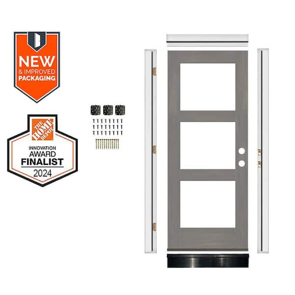 Krosswood Doors DIY 32 in. x 80 in. Modern Hemlock Left-Hand 3-Lite Clear Glass Grey Stain Wood Front Door Kit w/ Quick Assemble Jamb