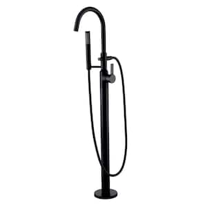Modern Freestanding Single-Handle Floor-Mount Roman Tub Faucet Filler with Hand Shower in Matte Black