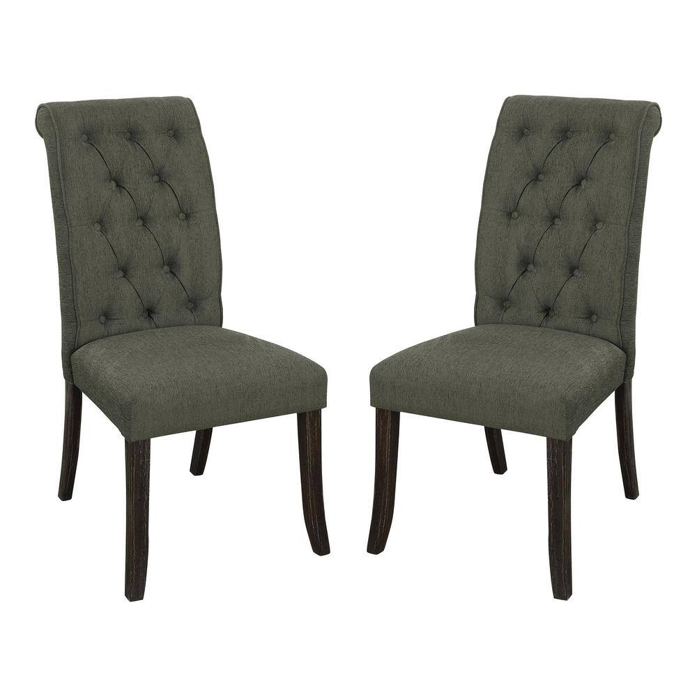 Gray Tufted Upholstered Side Chair with Antique Black Wood Legs