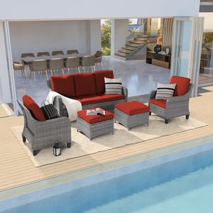 5-Piece Gray Wicker Patio Sofa Set Outdoor Conversation Set with 3-Seat Sofa Ottomans, Rust Red Cushions