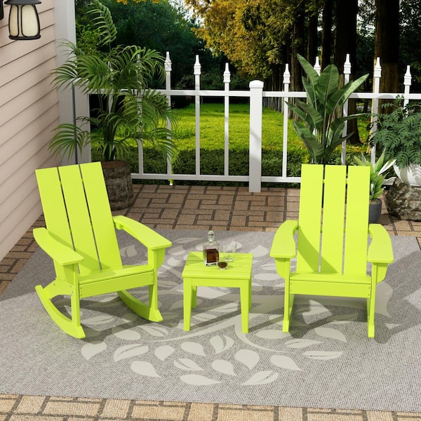 WESTIN OUTDOOR Shoreside Lime HDPE Plastic Modern Rocking Poly Adirondack Chair Set of 2 With Side Table