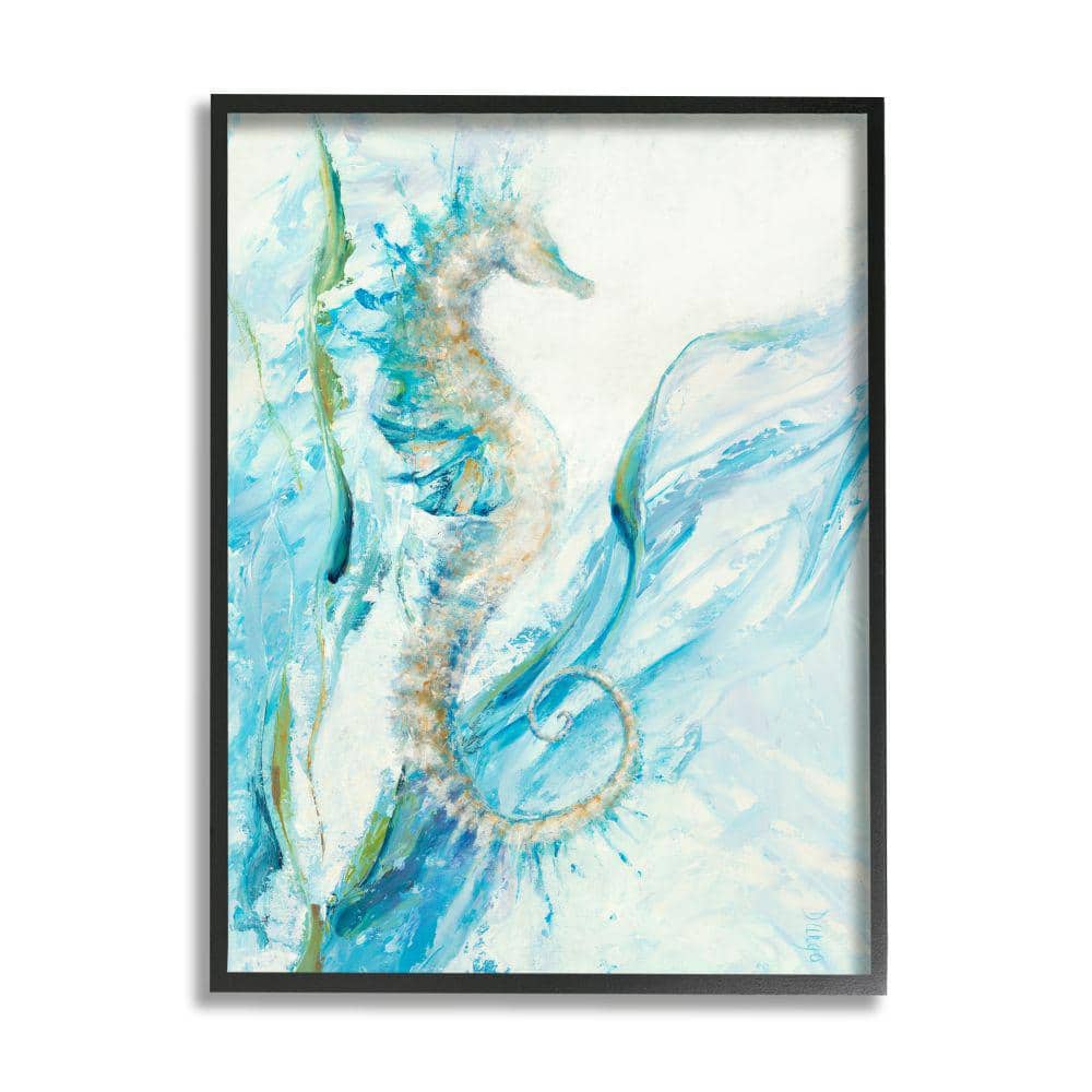 Nautical Seahorse Blue Fluid Ocean Water by Dina D'Argo Framed Nature Wall Art Print 24 in. x 30 in.
