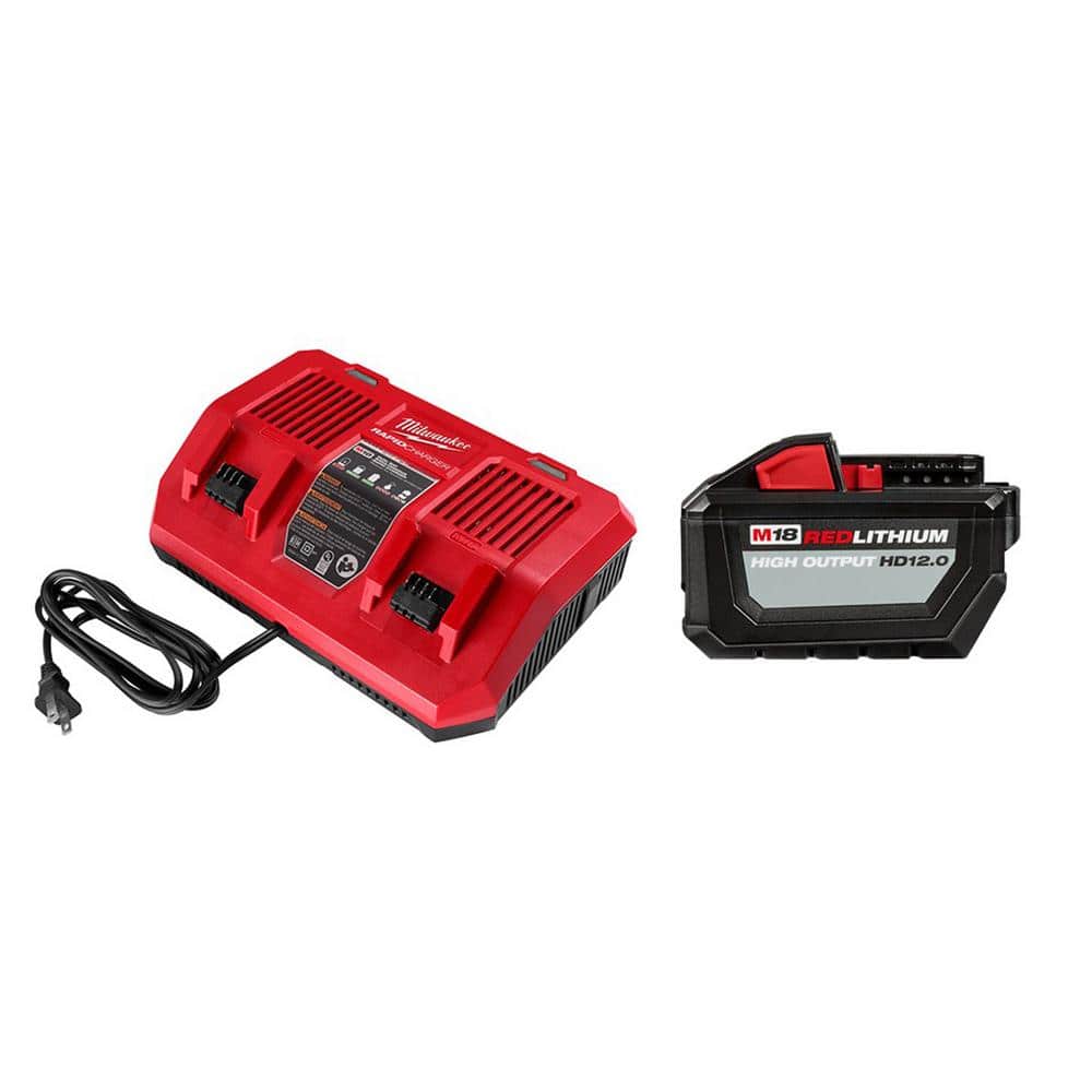 Milwaukee M18 18-Volt Lithium-Ion Dual Bay Rapid Battery Charger with  12.0Ah Battery Pack 48-59-1802-48-11-1812 The Home Depot