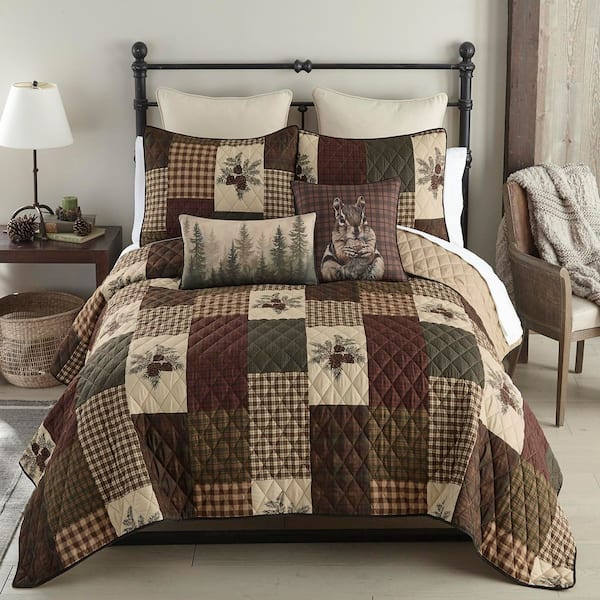 Pine Panels Brown and Green 3-Piece Polyester King Quilt Set