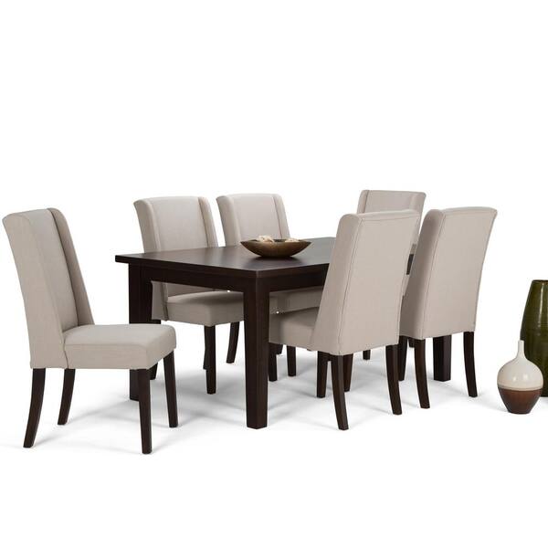 Simpli Home Sotherby 7-Piece Dining Set with 6 Upholstered Dining Chairs in Natural Linen Look Fabric and 66 in. Wide Table